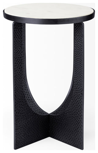 Patrick White Marble Top w/ Black Iron Frame Round Accent Table