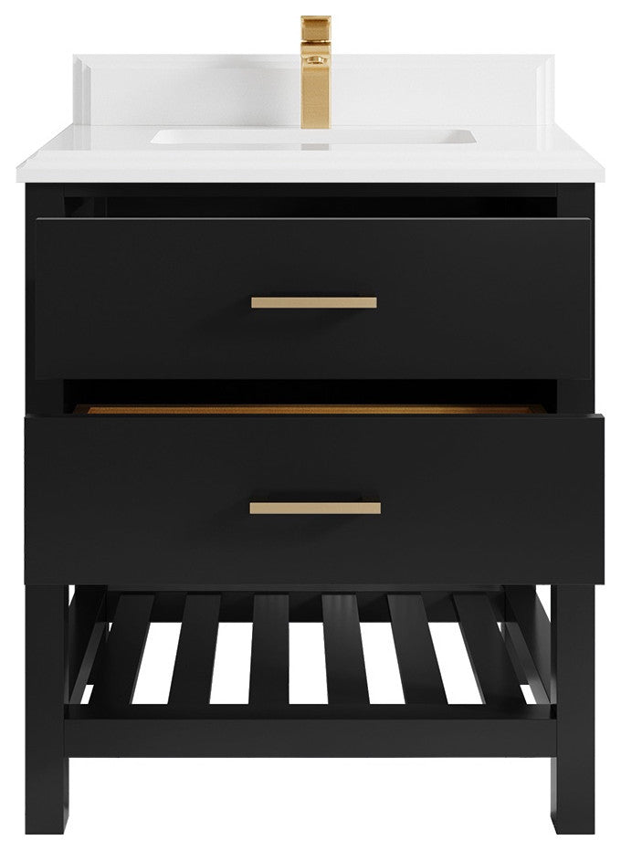 Parker 30" Single Sink Bath Vanity, Black 1.5" White Quartz