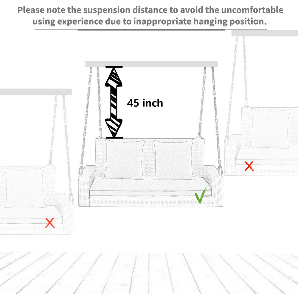 2-Person Wicker Hanging Rattan Porch Swing, Chains, Cushion, and Pillow, Gray Wicker