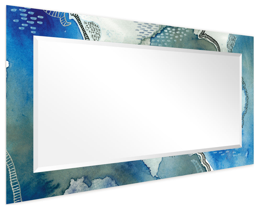 "Subtle Blues" Beveled Mirror on Printed Abstarct Tempered Art Glass, 54x28"