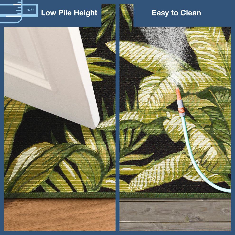 Marina Jungle Leaves Indoor/Outdoor Rug, Black, 8'10"x11'9"