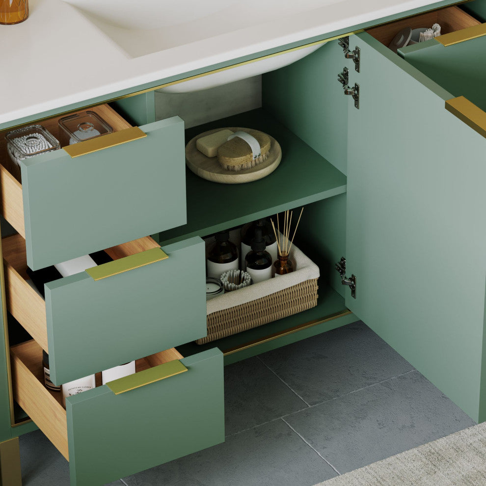 Bradford Bath Vanity, Green, 48", Satin Brass Hardware, Single Sink, Freestanding