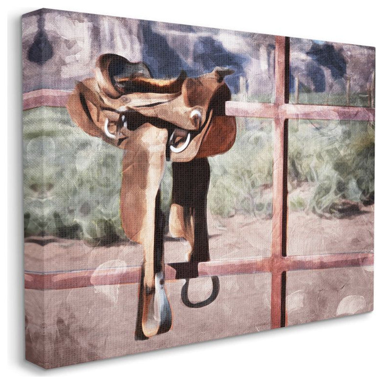 Saddle On Fence Farm Horse Riding Painting, 24"x30"