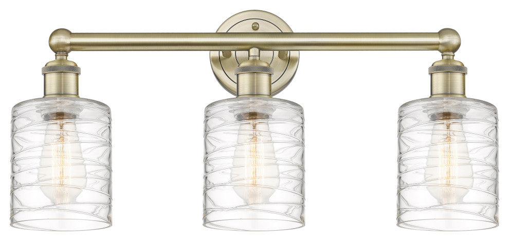 Edison Cobbleskill 3-Light 23" Vanity Light, Antique Brass With Deco Swirl Shade