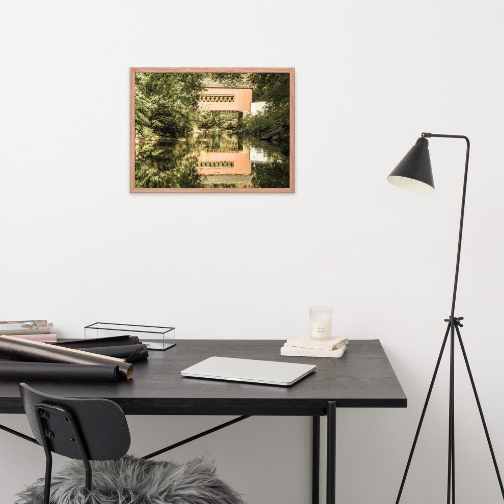 The Reflections of Wooddale Covered Bridge Aged Framed Photo Wall Art Print, Red Oak, 18" X 24"