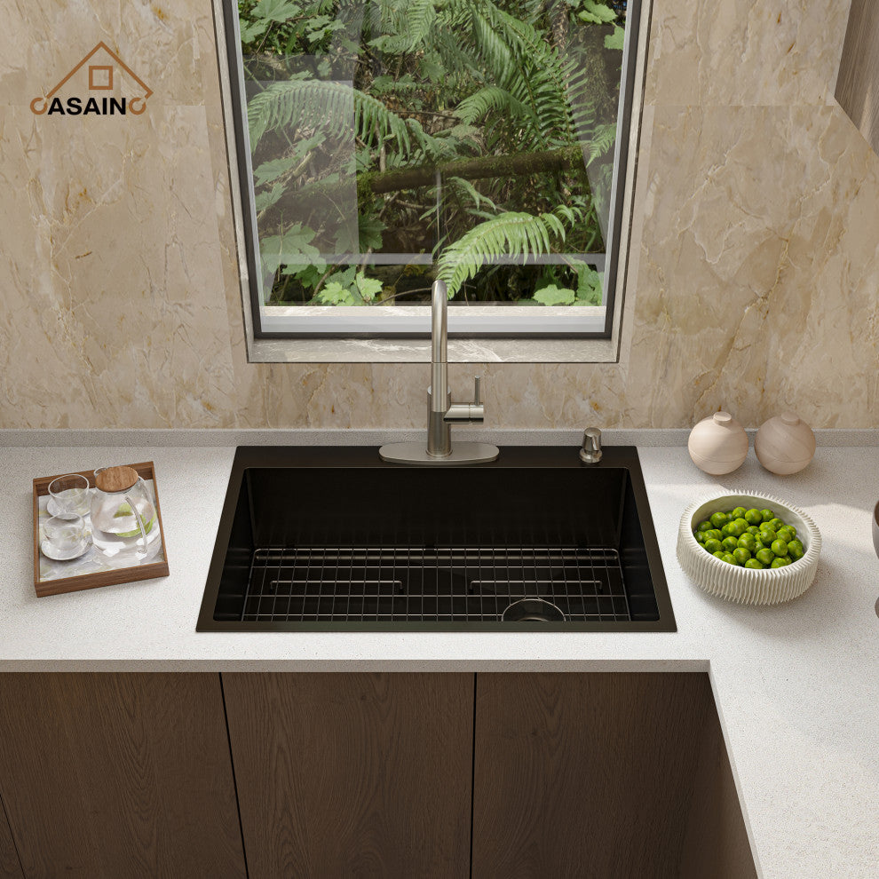 33in Stainless Steel Single Bowl Drop-In Workstation Kitchen Sink with Faucet, Brushed Nickel
