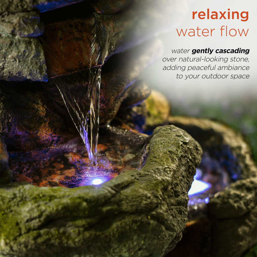 22" Tall Outdoor 3-Tier Rock Waterfall Fountain with LED Lights