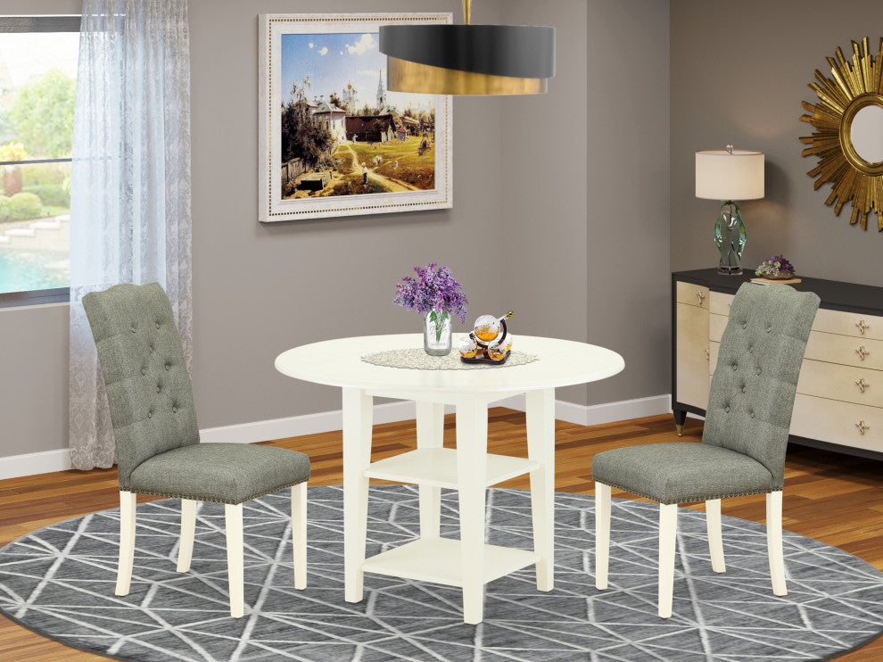 3Pc Dining Set, Round Table, 2 Parson Chairs, Smoke Chairs Seat, Linen Whites