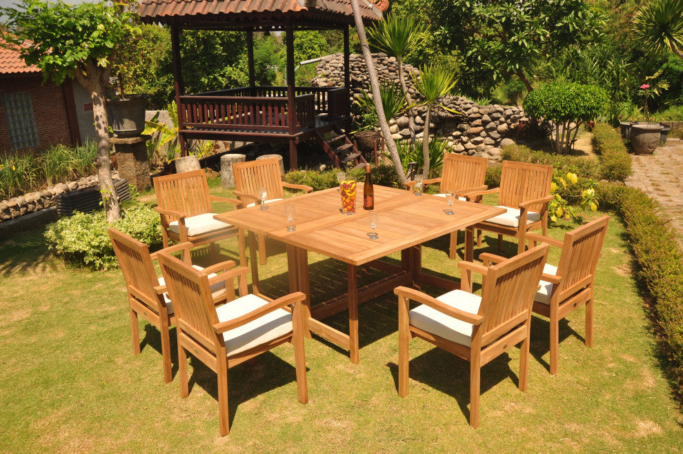9-Piece Outdoor Teak Set: 60" Square Butterfly Table, 8 Leveb Stacking Arm Chair