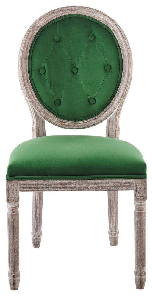 French Vintage Side Dining Chair, Velvet, Wood, Brown Natural Green, Modern