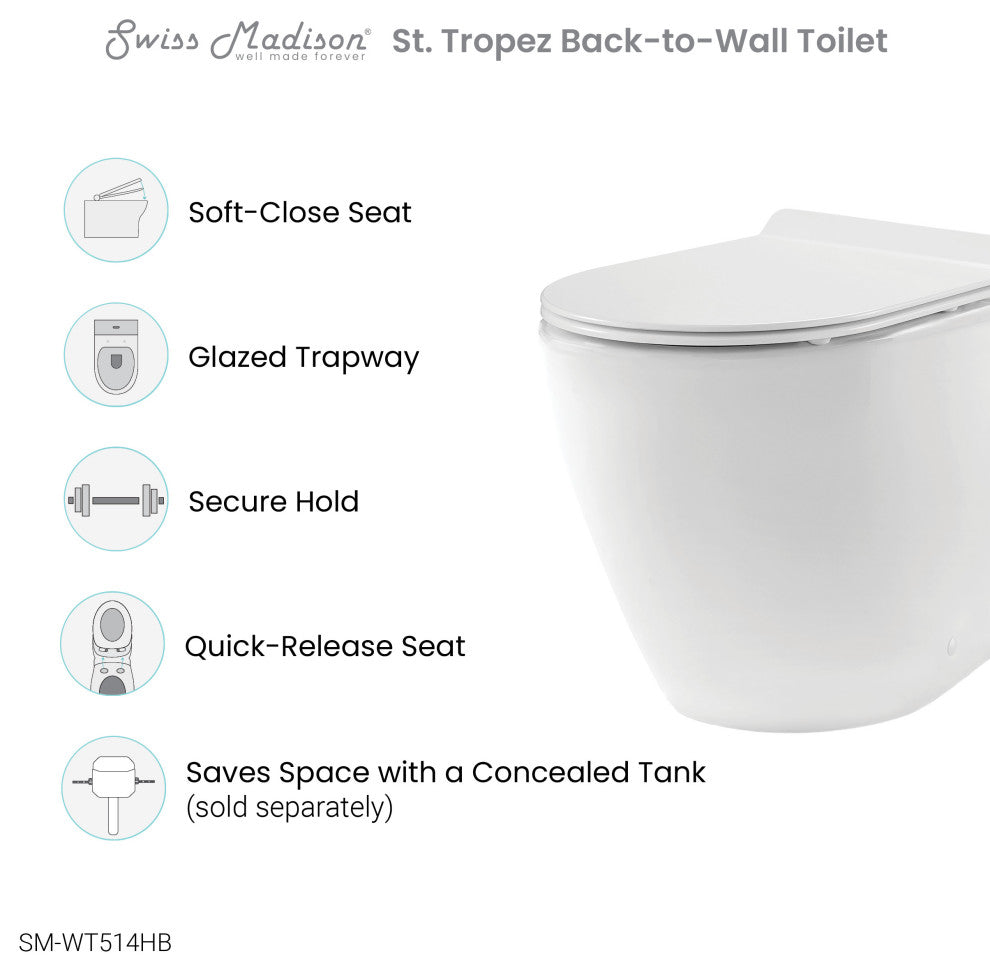 St. Tropez Back to Wall Concealed Tank Toilet Bowl, Black Hardware