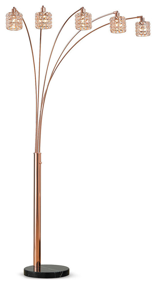 Flair Dimmable 5-Light Crystal Arch Floor Lamp, Rose Copper