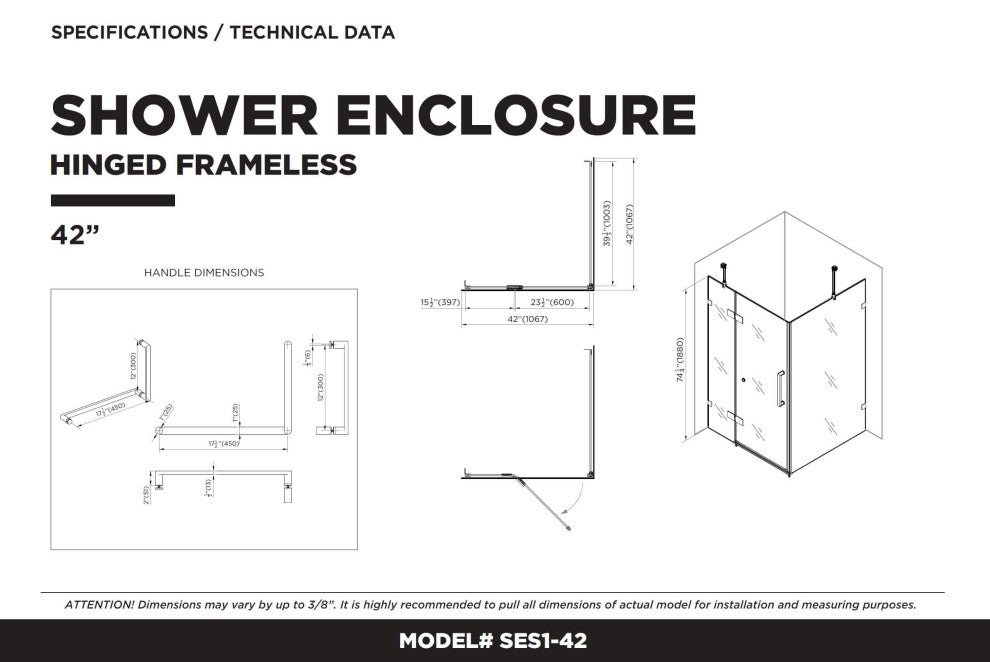 Shower Enclosure Hinged Frameless Tempered Glass, Polished Chrome, 42"