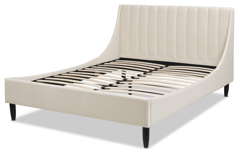 Aspen Modern Vertical Tufted Upholstered Platform Bed, French Beige Performance Velvet, Queen