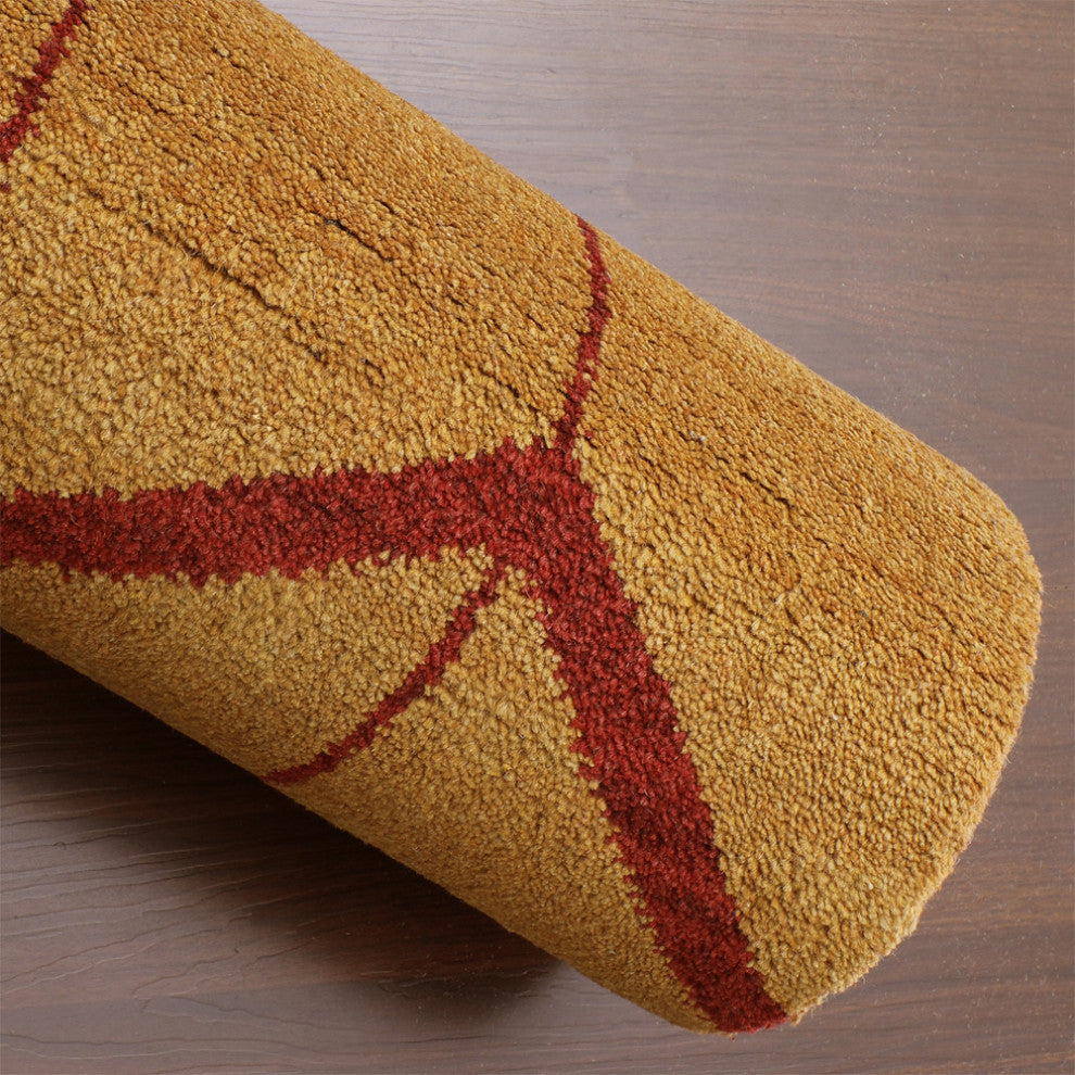 Hand Knotted Wool Area Rug Geometric Gold Red
