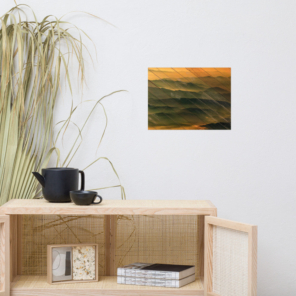 Faux Wood Foggy Mountain Layers at Sunset Landscape Unframed Wall Art Prints, 12" X 16"