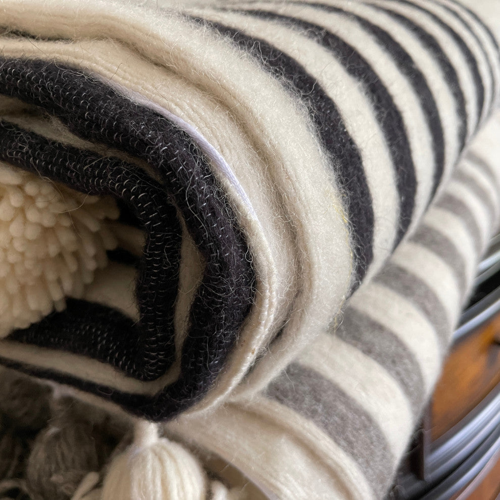 Handwoven Pom Pom Wool Blanket Off-White With Grey Stripes, 78in X118in