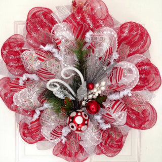 Red, Silver, White Raz Ornament Spray Holiday Handmade Deco Mesh Wreath