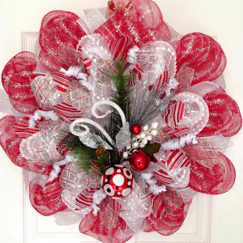 Red, Silver, White Raz Ornament Spray Holiday Handmade Deco Mesh Wreath