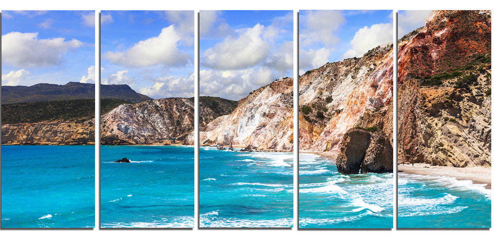 Greek Islands Scenic Beaches, Landscape Canvas Art Print, 60"x28", 5 Panels