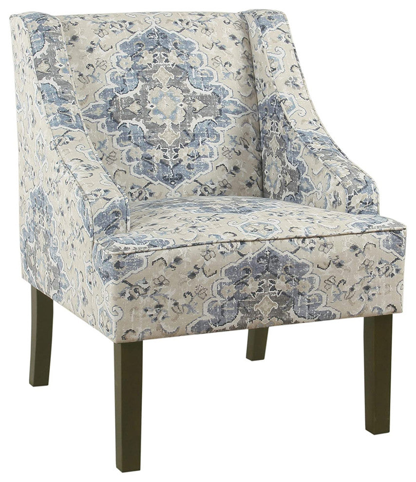 Fabric Wooden Accent Chair With Swooping Armrests, Blue, Cream & Brown