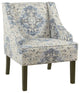 Fabric Wooden Accent Chair With Swooping Armrests, Blue, Cream & Brown