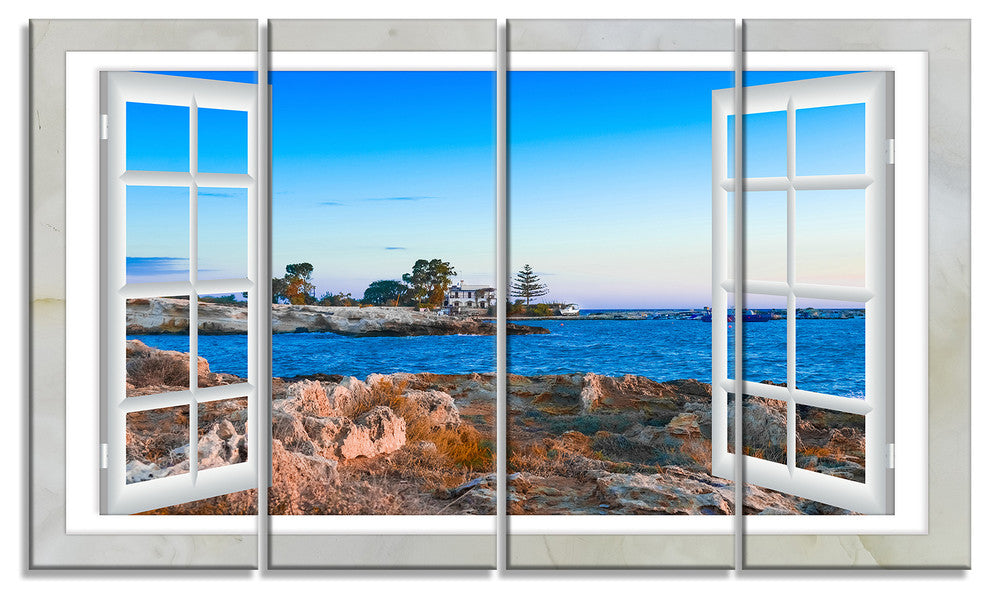 "Open Window To Blue Seashore" Landscape Wall Art Print, 4 Panels, 48"x28"