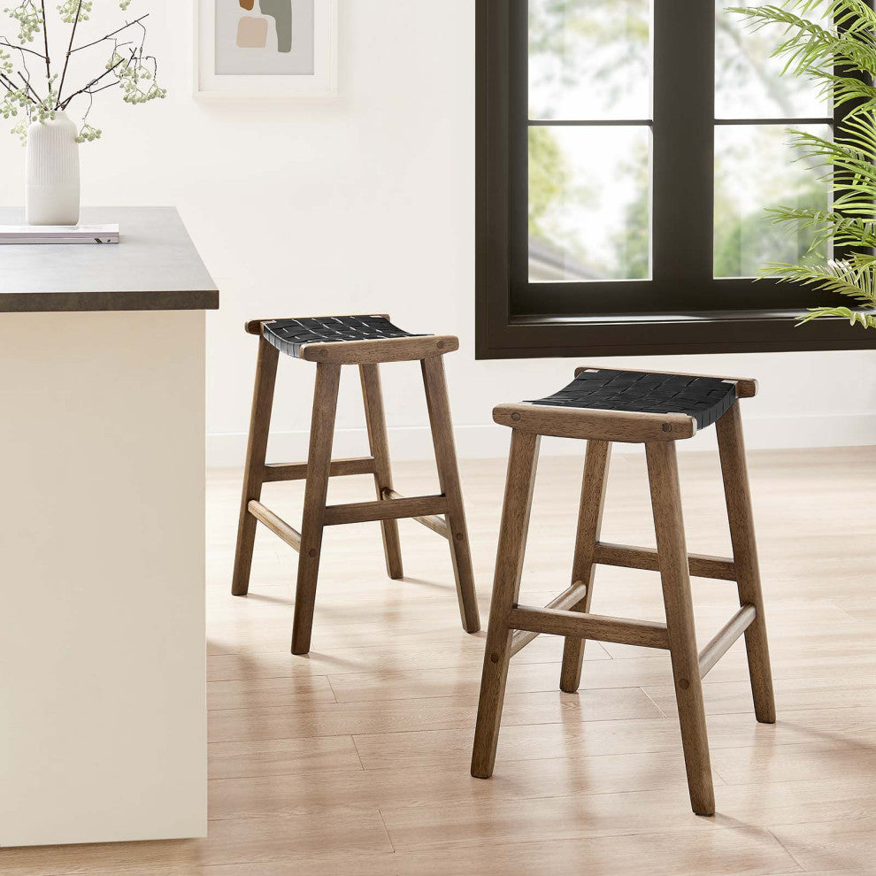 Saoirse Faux Leather Wood Counter Stool - Set of 2 - Walnut Black