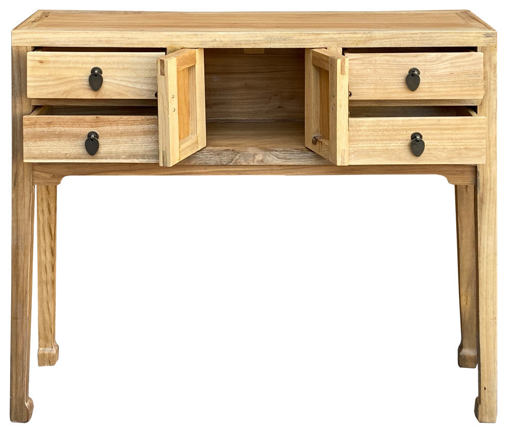 Chinese Oriental Natural Raw Wood Tan Drawers Slim Foyer Side Table Hcs7174