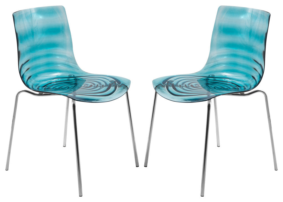 LeisureMod Modern Astor Plastic Dining Chair, Set of 2 Transparent Blue