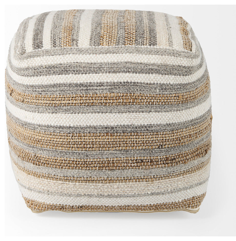 Aahana 16.0Lx16.0Wx16.0H White/Taupe/Gray Striped Hemp and Cotton Pouf
