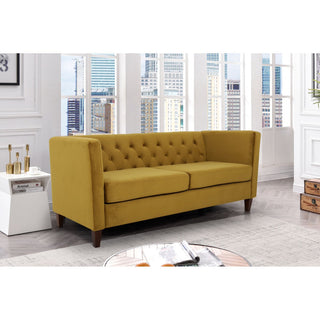 Sofa, Cushioned Seat With Button Tufted Backrest & Track Arms, Medallion Yellow