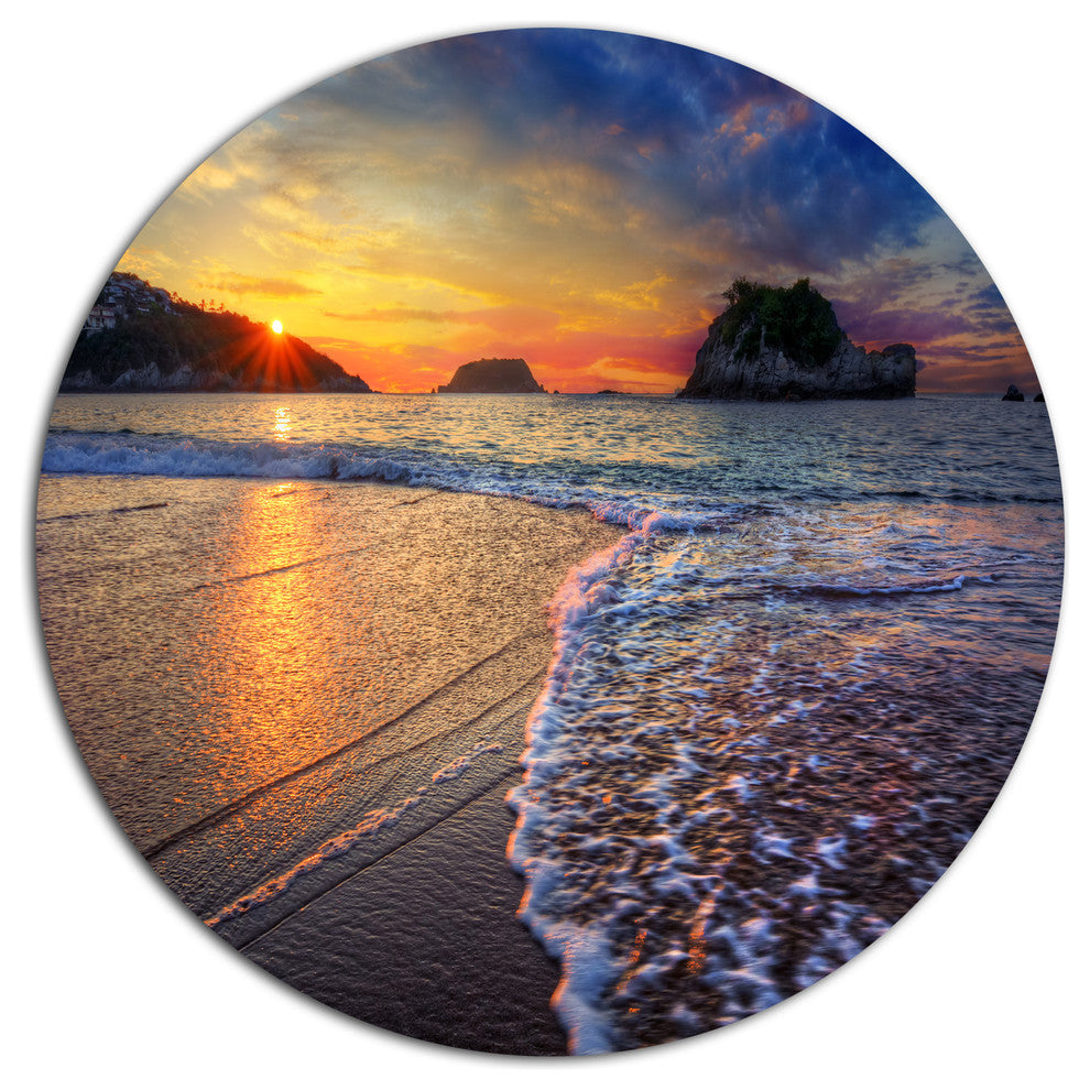 Sandy Beach With Rush Waves, Seashore Art Round Metal Wall Art, 23"