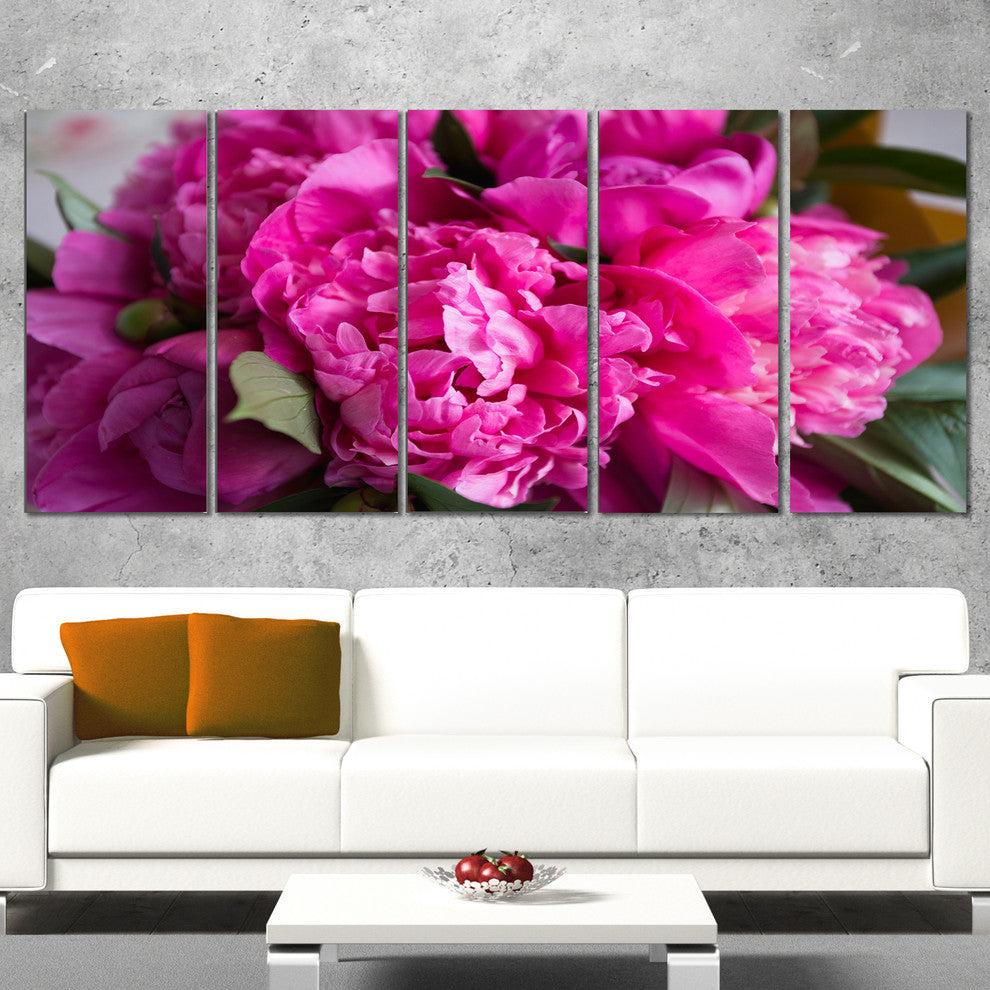Pink Peonies on Wooden Background, Flower Artwork on Canvas, 60"x28", 5 Panels