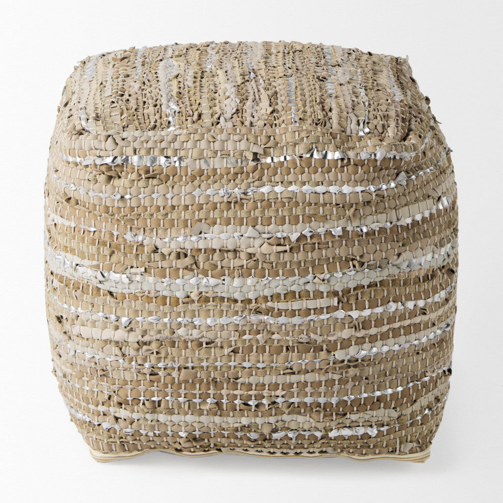 Aadhya 16Lx16Wx16H Taupe/Silver Leather and Cotton Pouf