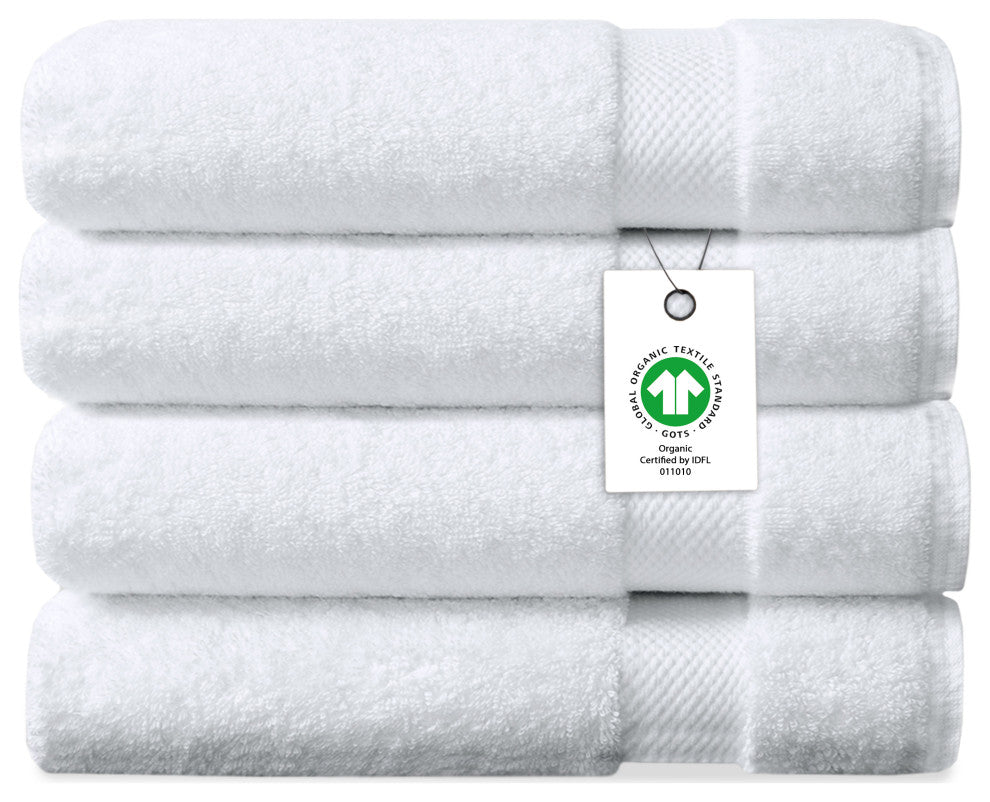 Delara 100% Organic Cotton Plush Bath Towels, 30"x58", Set of 4, White