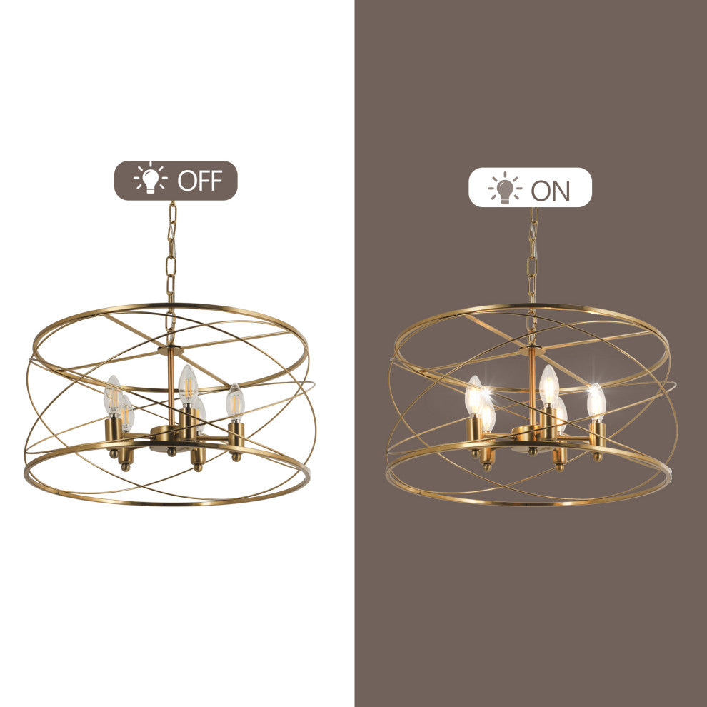 0" Modern Brass Chandelier w 6 Lights, 70 inch Adjustable Hanging Chain