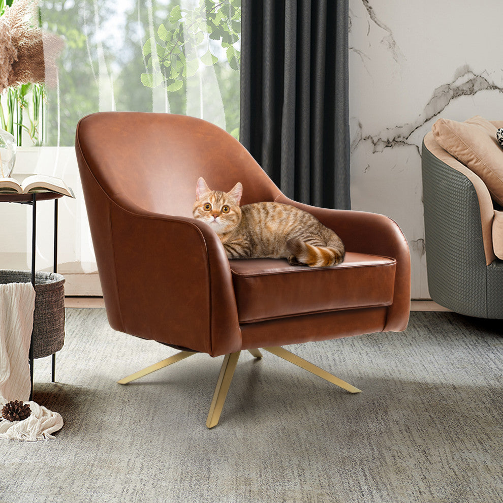 Fabric Accent Chair Swivel-Base Upholstered Armchair With Memory Foam, Brown