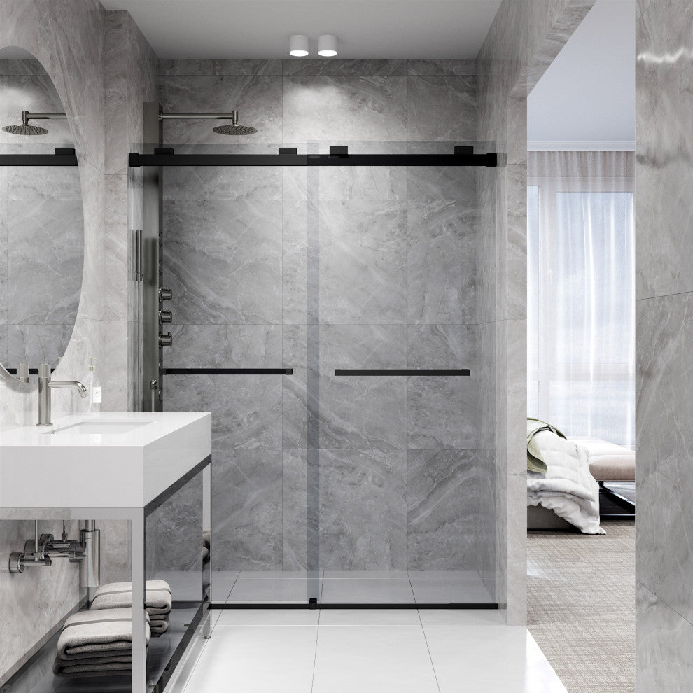 VIGO Houston Frameless Sliding, V-Motion, Matte Black, Shower Door, 56" to 60" W X 76" H, Clear Glass