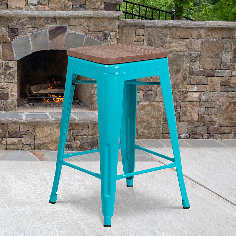 24" Teal No Back Metal Stool