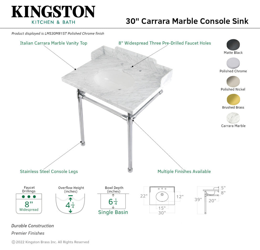 Kingston Brass LMS30M81ST 30" Carrara Marble Console Sink, Legs