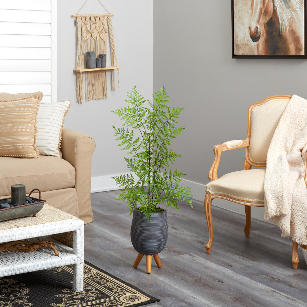 39" Ruffle Fern Artificial Tree, Gray Planter With Stand