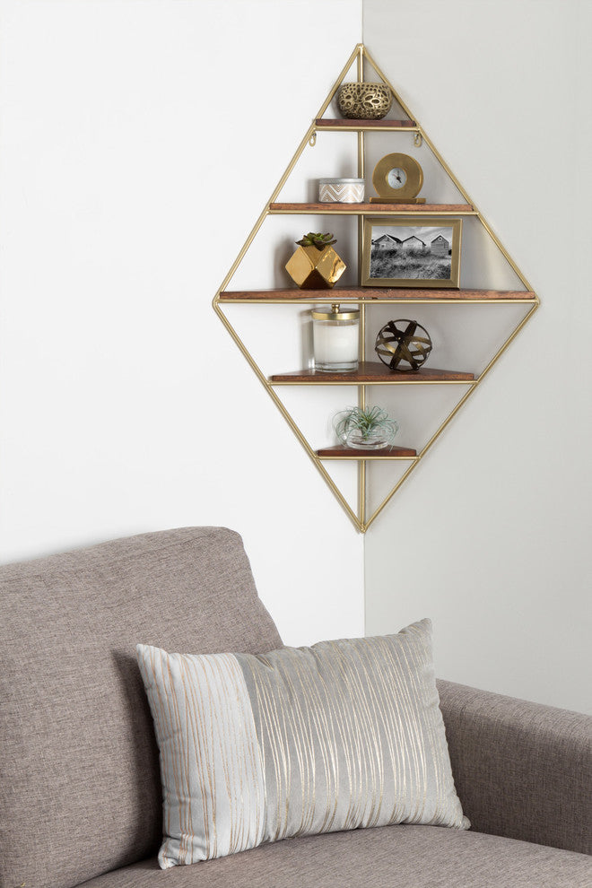 Melora Metal and Wood Corner Wall Shelf, Gold 5 Shelves