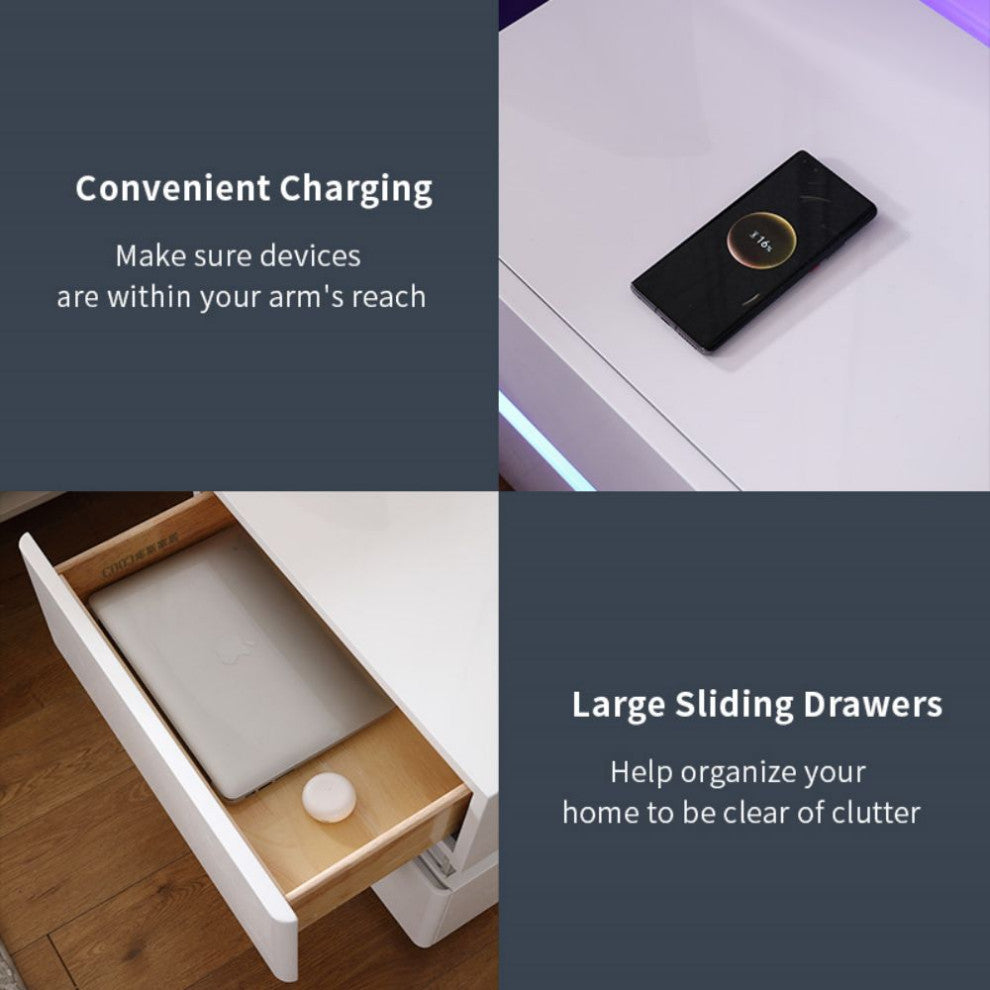 Modern Night Stand with Human Induction Atmosphere Lamp, Cream White, Includes Wireless Charging