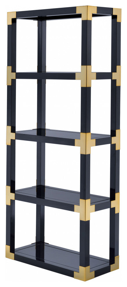 HomeRoots 32" X 15" X 77" Gold, Black High Gloss And Black Mirror Bookcase