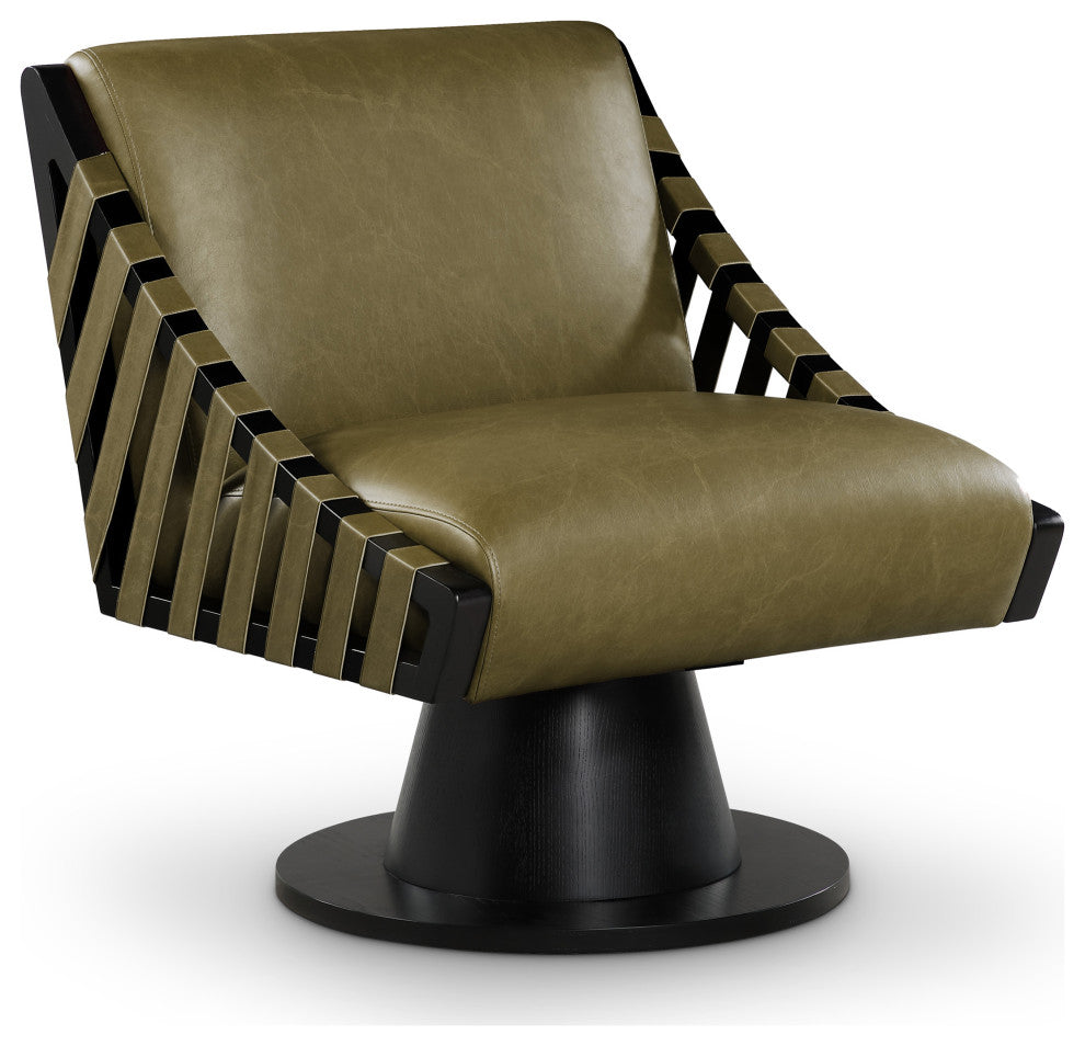 Millwin Upholstered Swivel Accent Chair, Olive, Vegan Leather, Black Finish