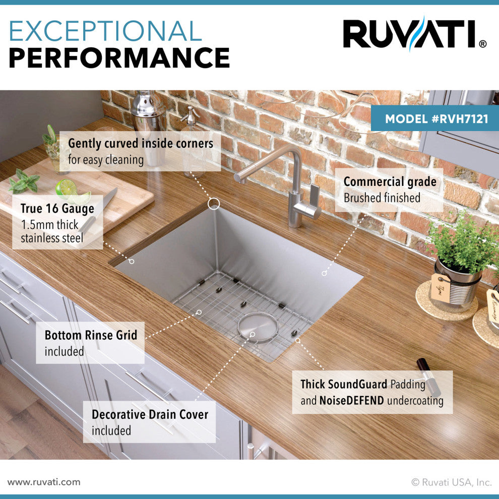Ruvati RVH7121 21" Tight Radius 16 Gauge Stainless Steel Bar Prep Kitchen Sink