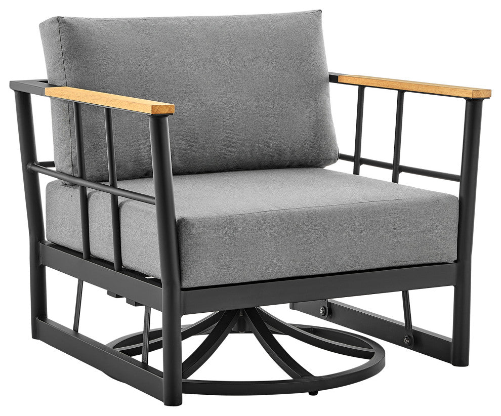 Shari Patio Swivel Glider Lounge Chair in Black Aluminum and Teak Wood
