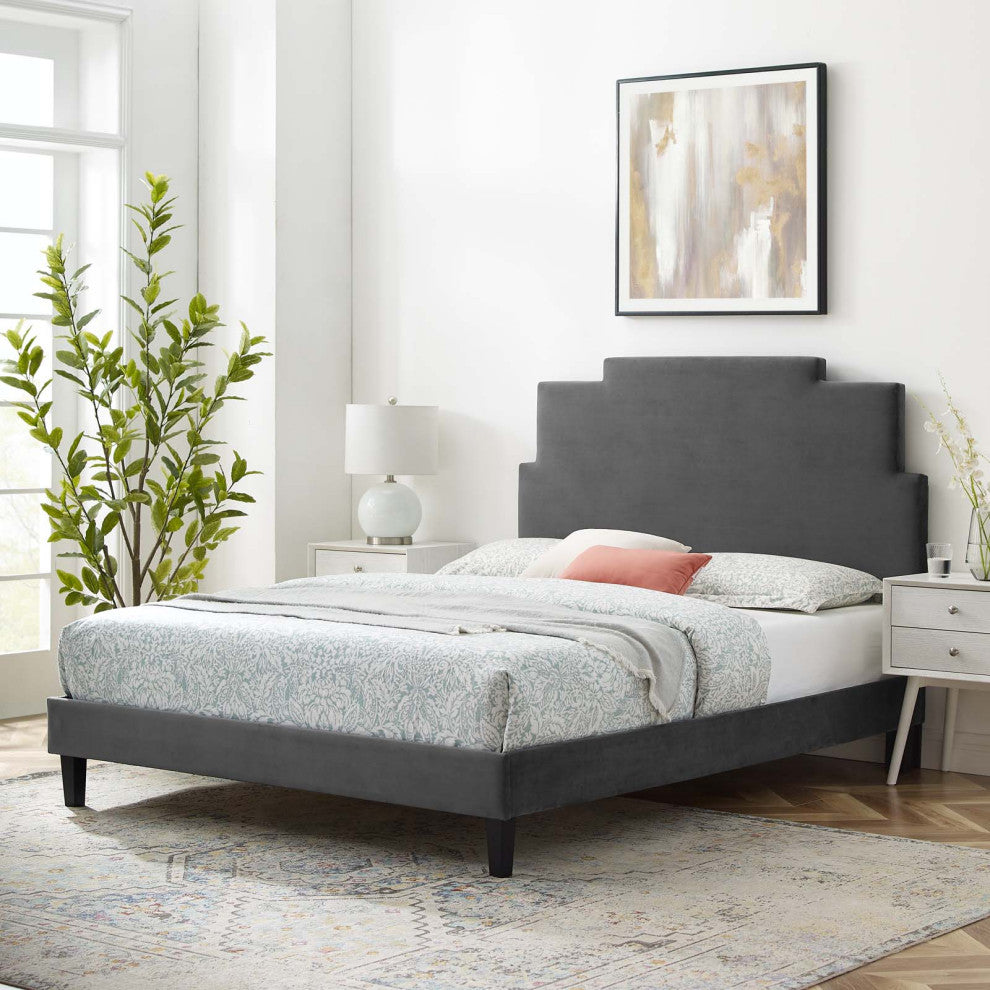 Platform Bed Frame, King Size, Velvet, Dark Gray, Modern Contemporary