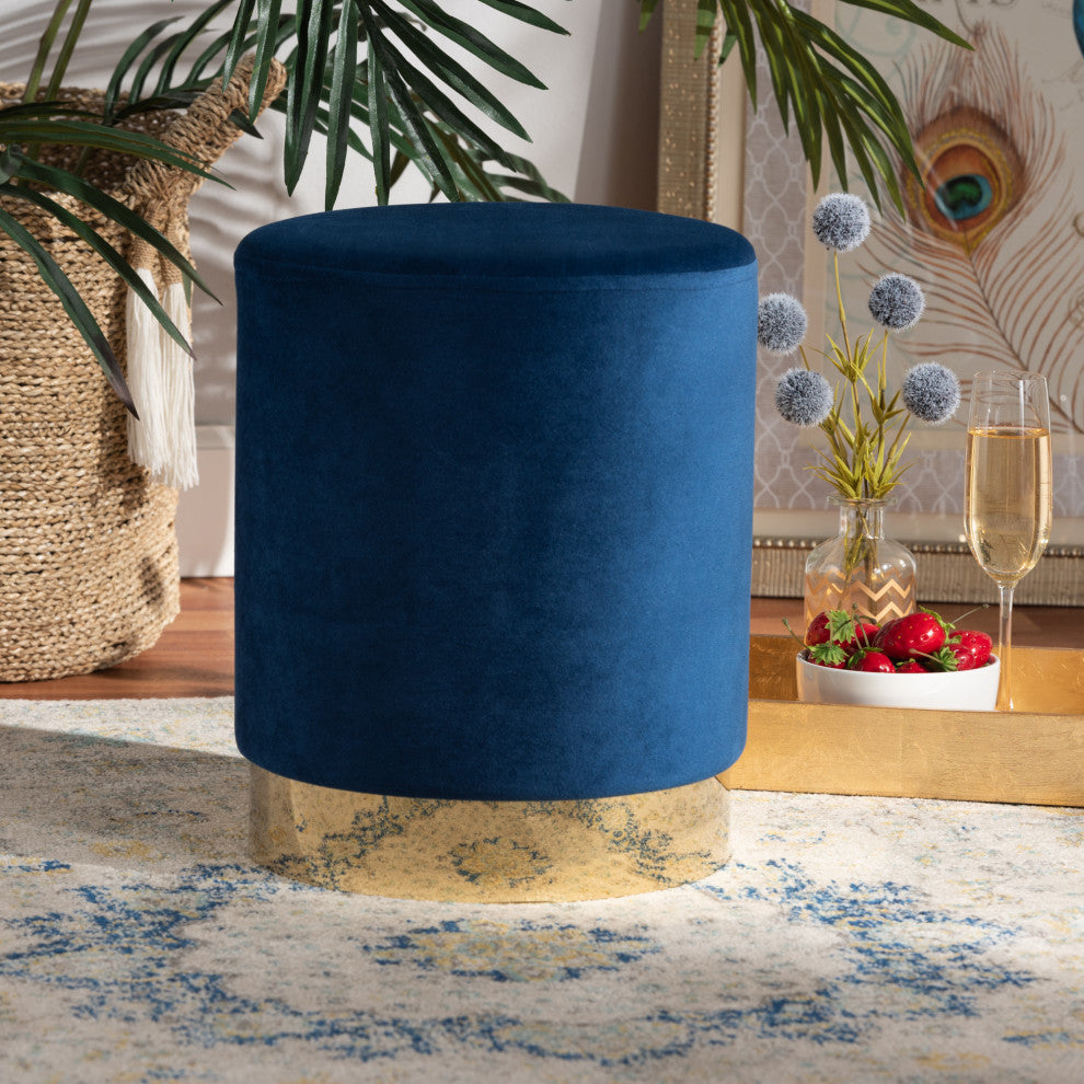 Greaves Glam Velvet Fabric Upholstered Ottoman, Navy Blue/Gold